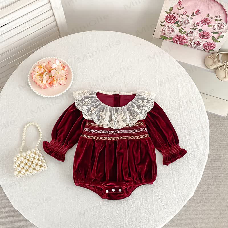 Baby Burgundy Velvet Lace Collar Dress and Bodysuit - image 5