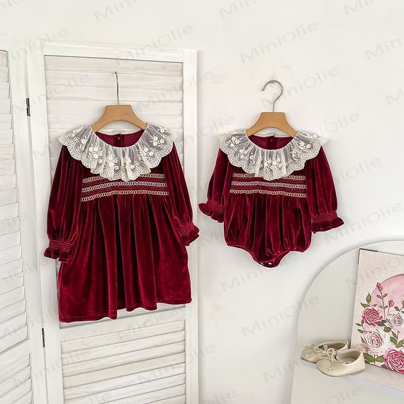 Baby Burgundy Velvet Lace Collar Dress and Bodysuit - image 3
