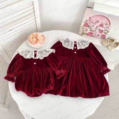 Baby Burgundy Velvet Lace Collar Dress and Bodysuit - image 2
