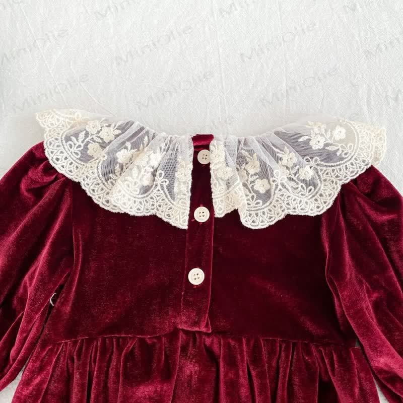 Baby Burgundy Velvet Lace Collar Dress and Bodysuit - image 9