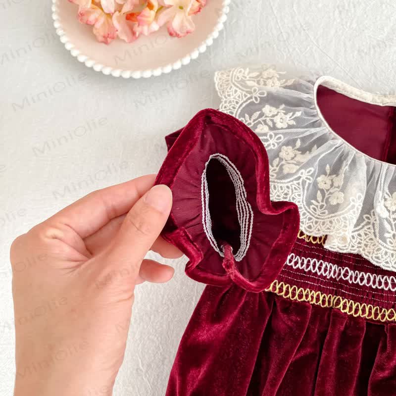 Baby Burgundy Velvet Lace Collar Dress and Bodysuit - image 12
