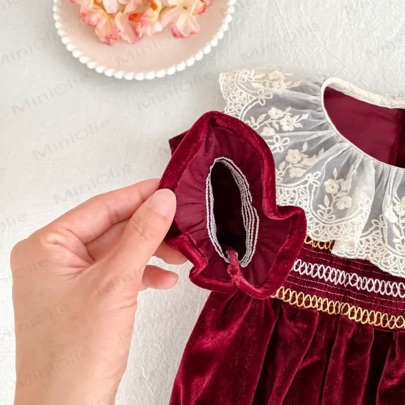Baby Burgundy Velvet Lace Collar Dress and Bodysuit - image 12