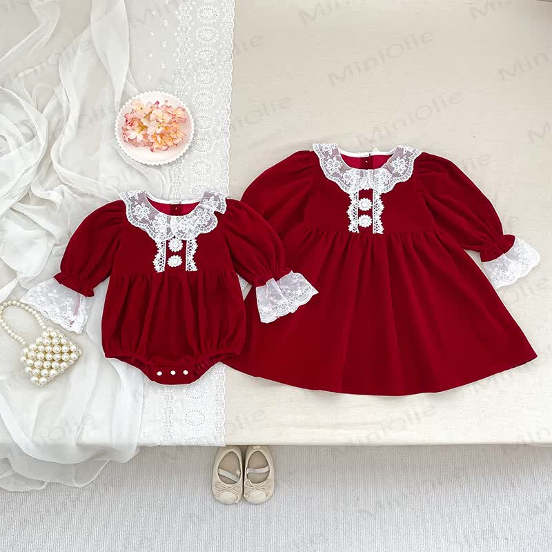 Baby Girl Velvet Lace Collar Dress and Bodysuit - image 1