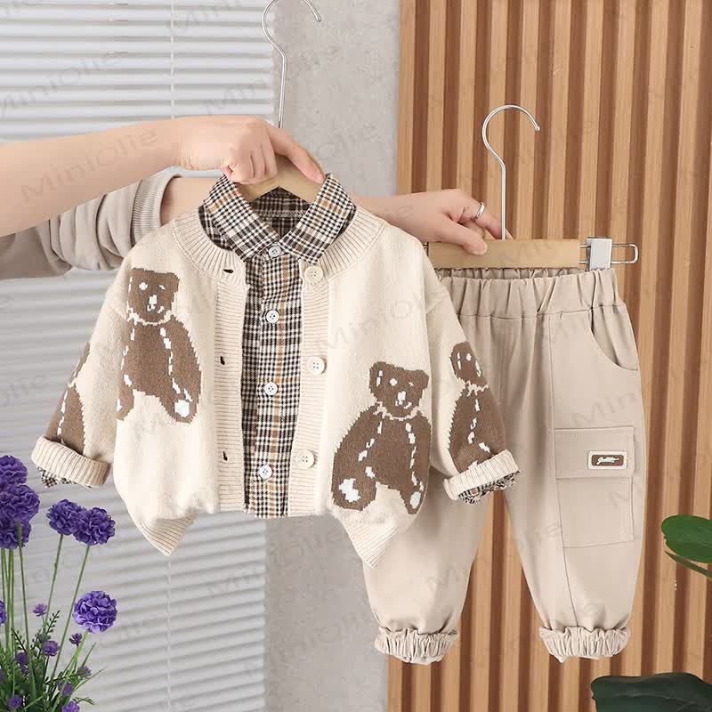 Toddler Bear Cardigan Layered Plaid Shirt and Pants 3-piece Set - Beige - 4-5T - image 1