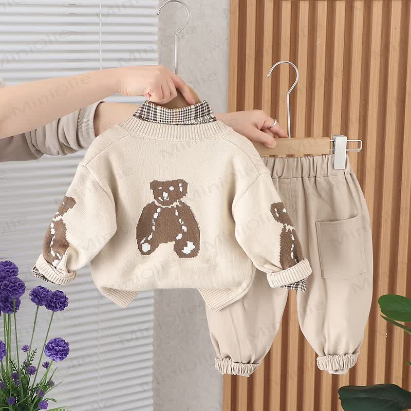 Toddler Bear Cardigan Layered Plaid Shirt and Pants 3-piece Set - image 3