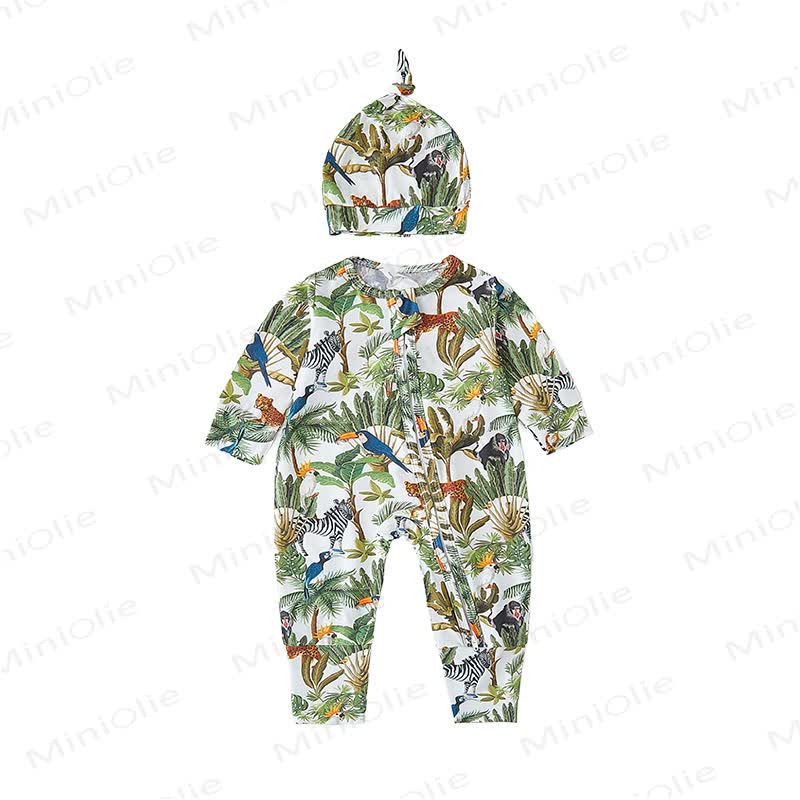 Baby Safari Animal Print Zip Romper with Hat - Green Safari - 18-24M - image 3