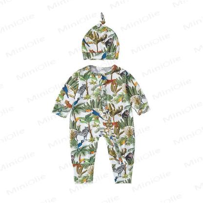 Baby Safari Animal Print Zip Romper with Hat - Green Safari - 18-24M - image 3