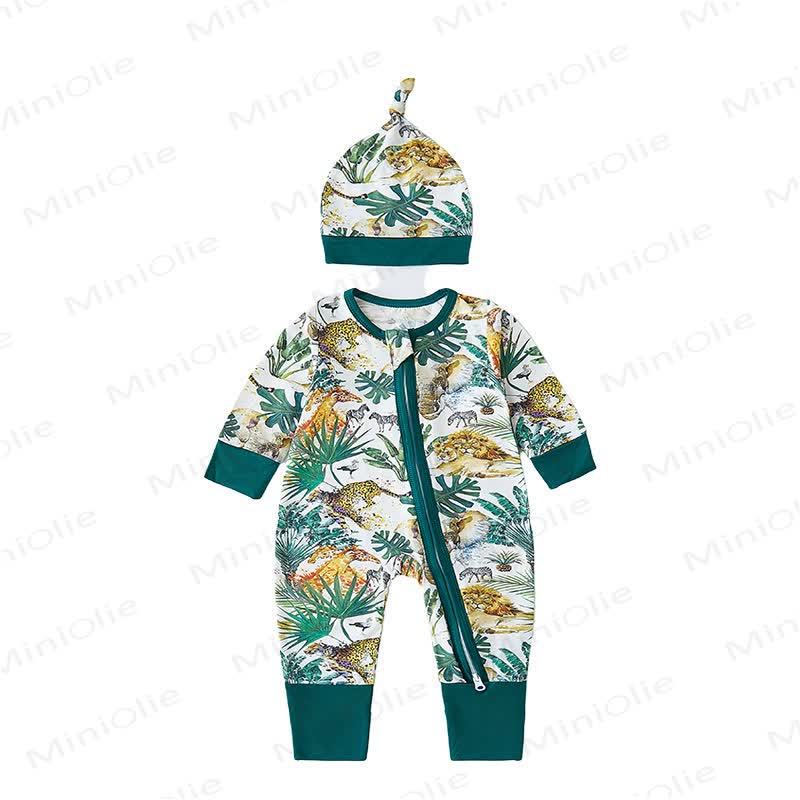 Baby Safari Animal Print Zip Romper with Hat - Green Tiger - 18-24M - image 6