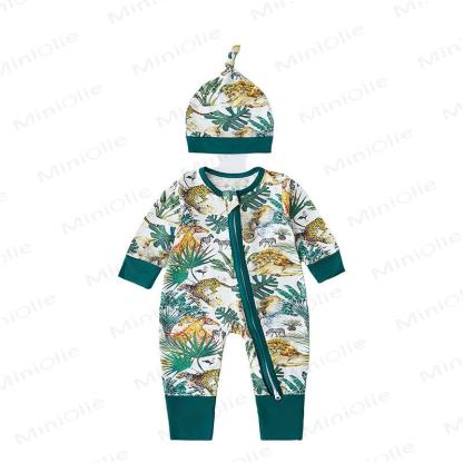 Baby Safari Animal Print Zip Romper with Hat - Green Tiger - 18-24M - image 6