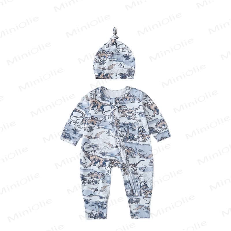 Baby Safari Animal Print Zip Romper with Hat - Gray Dinosaur - 18-24M - image 7