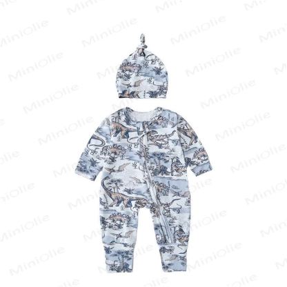 Baby Safari Animal Print Zip Romper with Hat - Gray Dinosaur - 18-24M - image 7