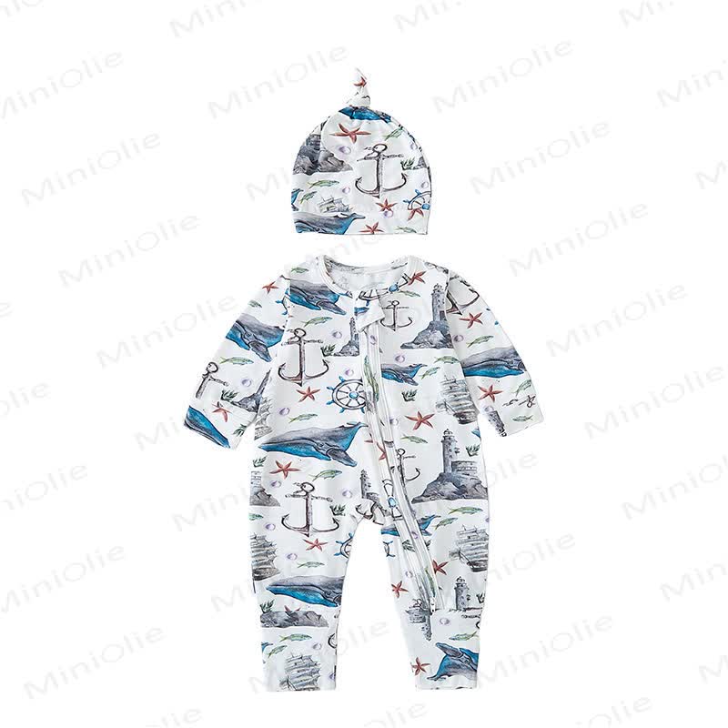 Baby Safari Animal Print Zip Romper with Hat - Blue Whale - 18-24M - image 8