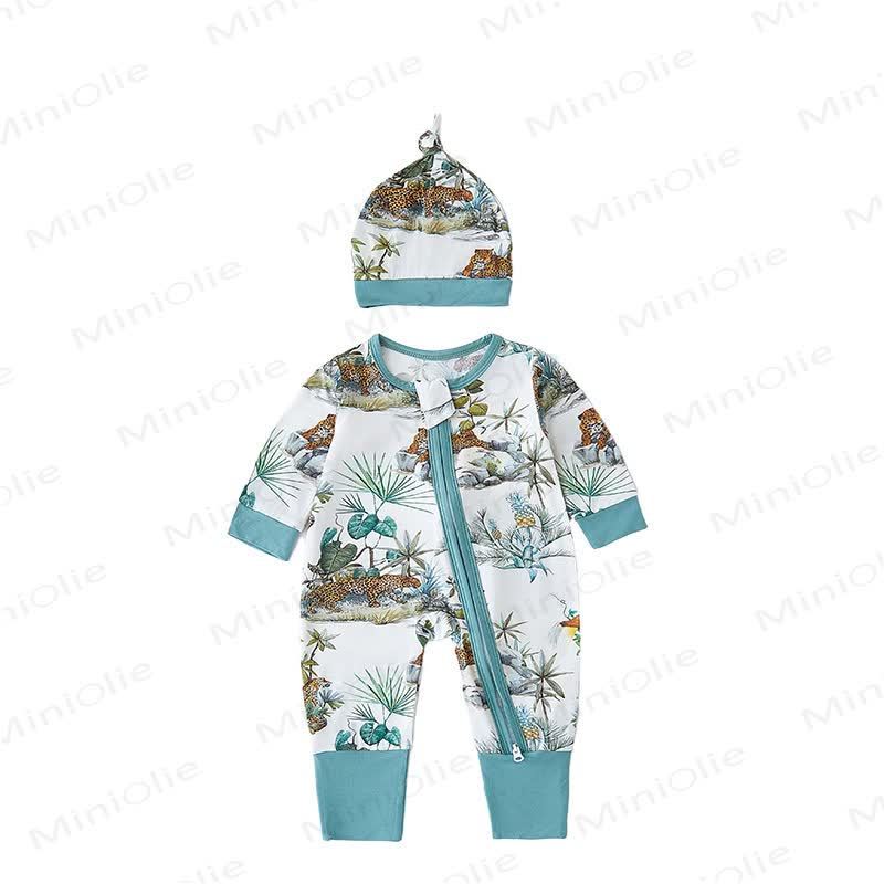 Baby Safari Animal Print Zip Romper with Hat - Green Leopard - 18-24M - image 9