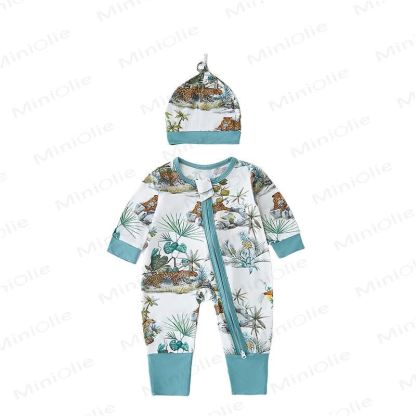 Baby Safari Animal Print Zip Romper with Hat - Green Leopard - 18-24M - image 9