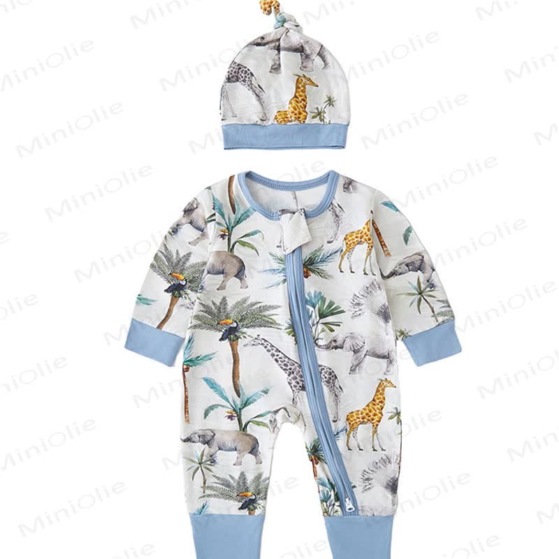 Baby Safari Animal Print Zip Romper with Hat - Blue Giraffe - 18-24M - image 10