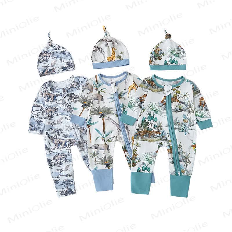 Baby Safari Animal Print Zip Romper with Hat - image 1