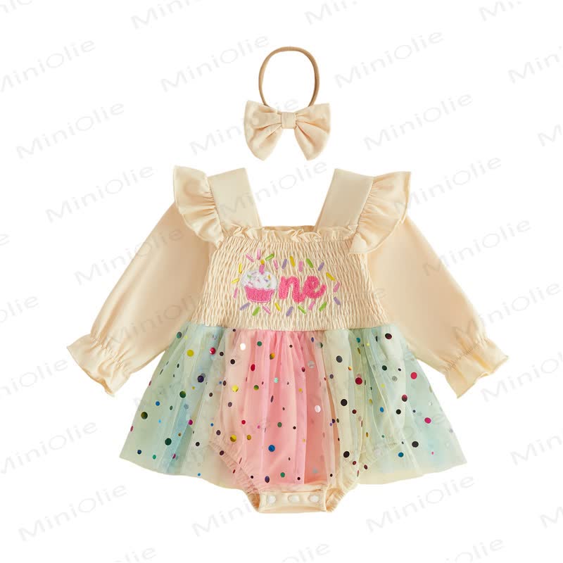 ONE Baby Tulle Birthday Skirted Bodysuit with Headband - Yellow - 12-18M - image 3