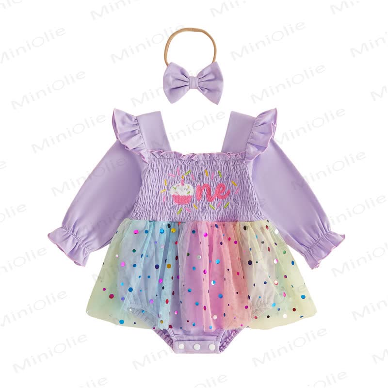 ONE Baby Tulle Birthday Skirted Bodysuit with Headband - Purple - 12-18M - image 12