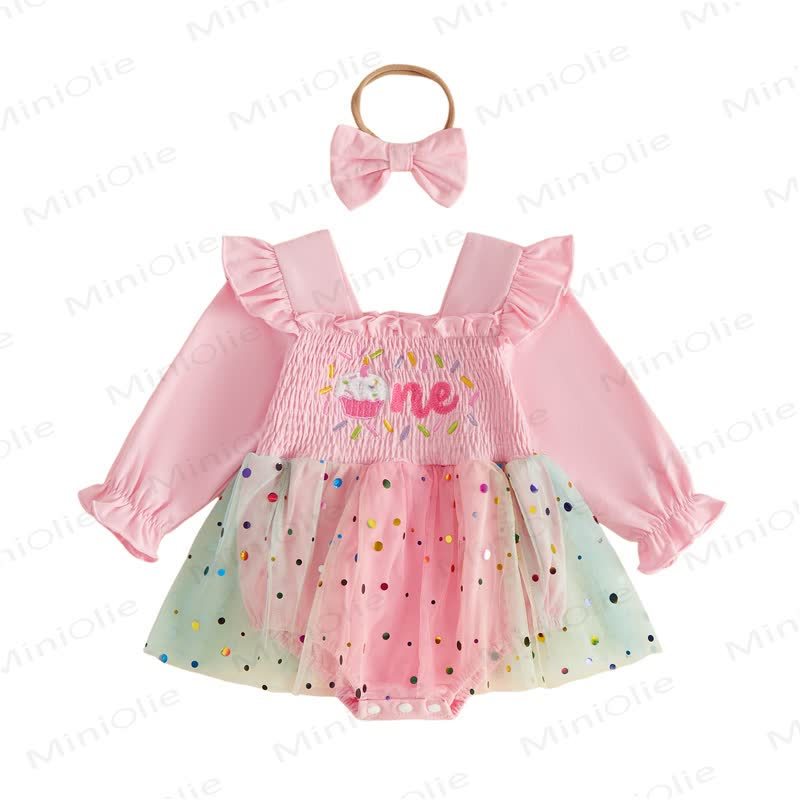 ONE Baby Tulle Birthday Skirted Bodysuit with Headband - Pink - 12-18M - image 4