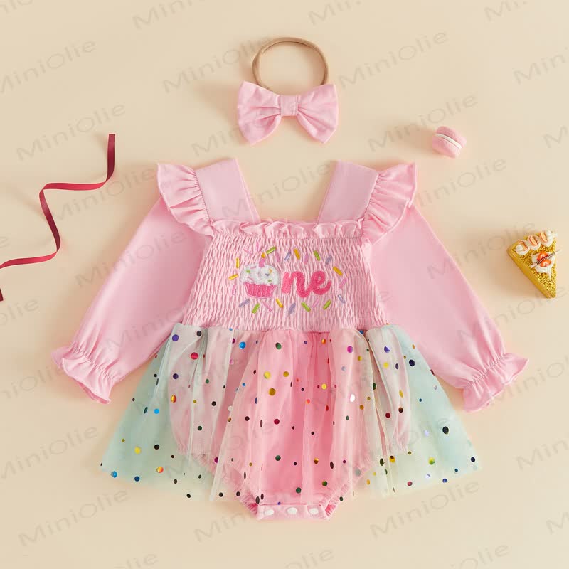 ONE Baby Tulle Birthday Skirted Bodysuit with Headband - image 5
