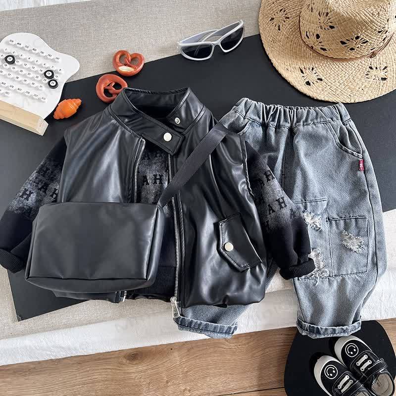 Toddler Boy Stand Collar Vest Letter Print 3-piece Set with Bag - image 1