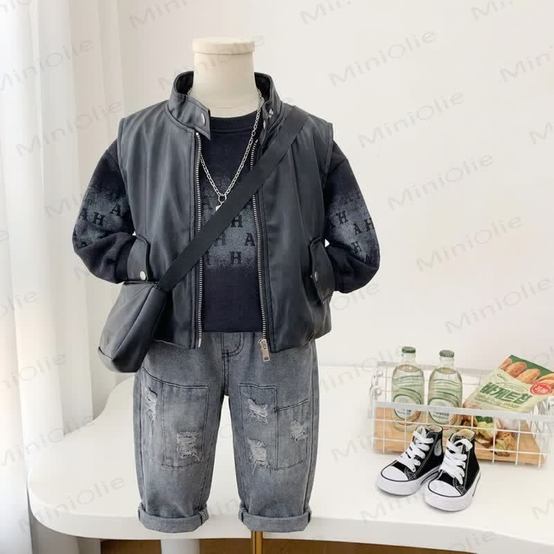 Toddler Boy Stand Collar Vest Letter Print 3-piece Set with Bag - Black - 4-5T - image 2