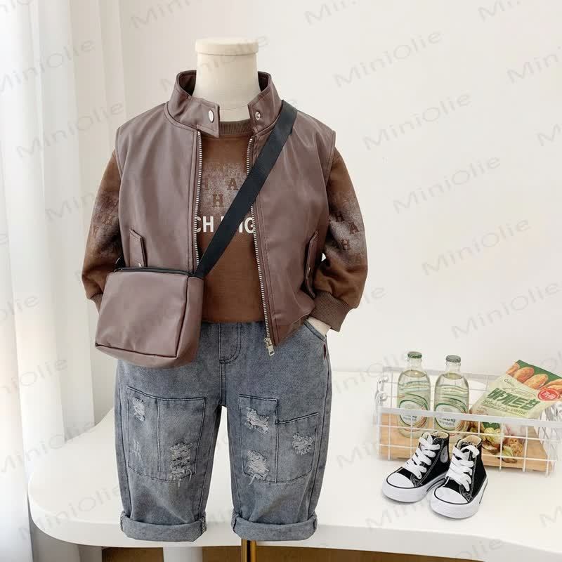 Toddler Boy Stand Collar Vest Letter Print 3-piece Set with Bag - Brown - 4-5T - image 3