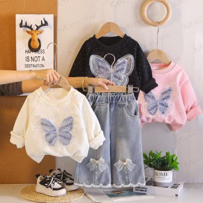 Baby Toddler Girl Butterfly Sweatshirt and Denim Pants 2-piece Set - image 1