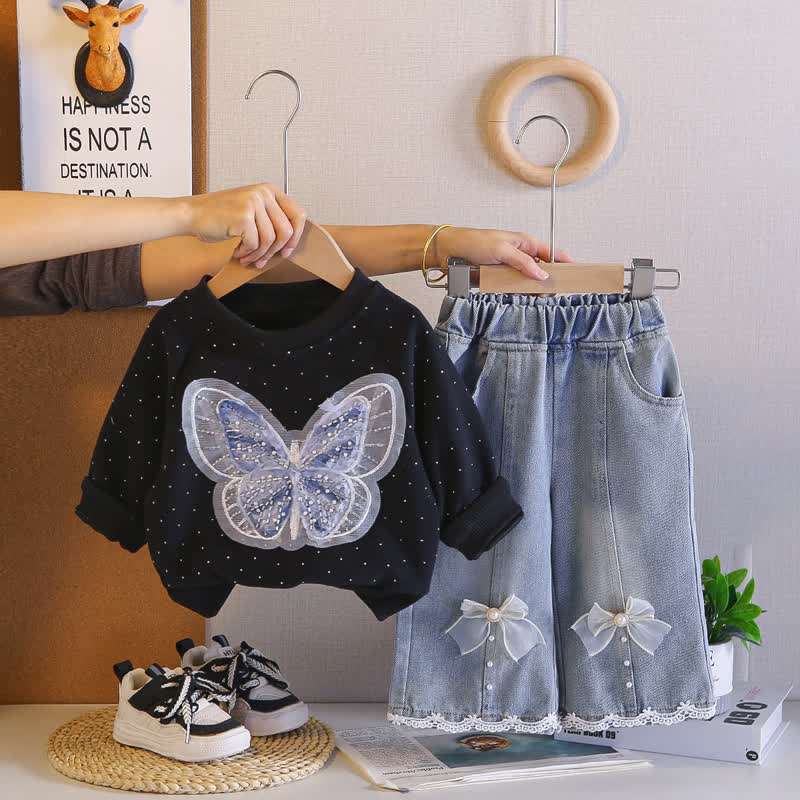 Baby Toddler Girl Butterfly Sweatshirt and Denim Pants 2-piece Set - Black - 4-5T - image 4