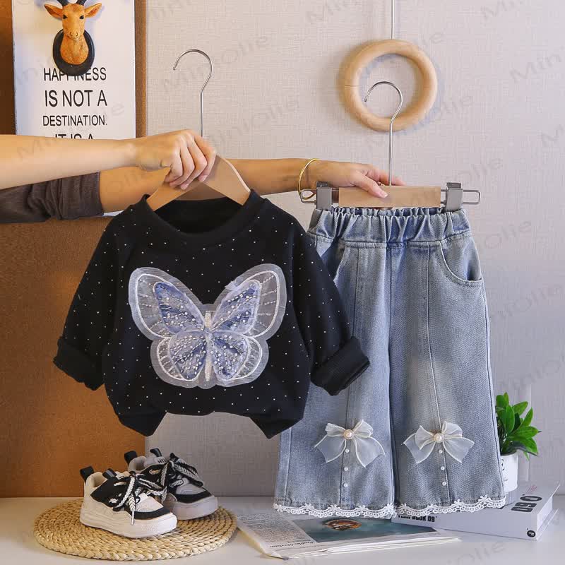 Baby Toddler Girl Butterfly Sweatshirt and Denim Pants 2-piece Set - Black - 4-5T - image 2