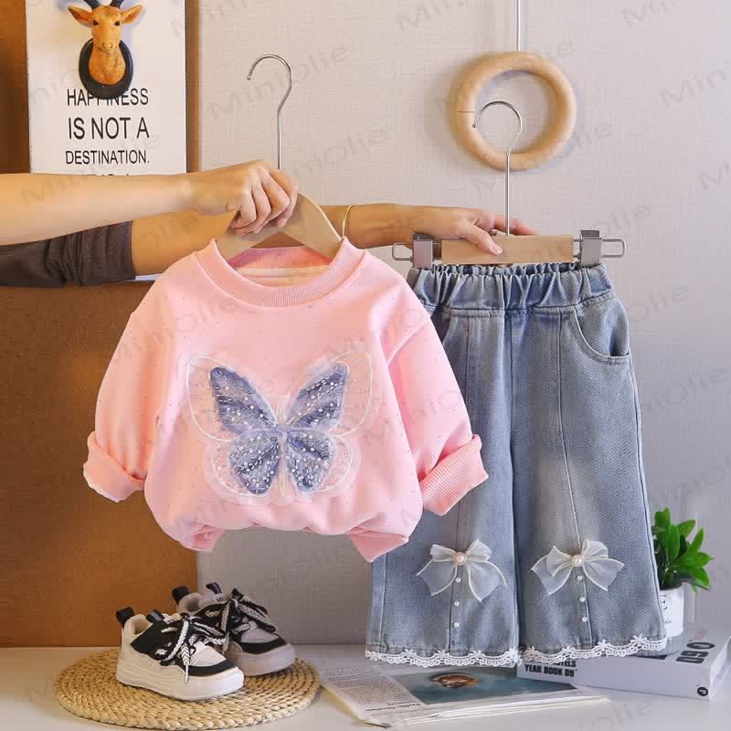 Baby Toddler Girl Butterfly Sweatshirt and Denim Pants 2-piece Set - Pink - 4-5T - image 4