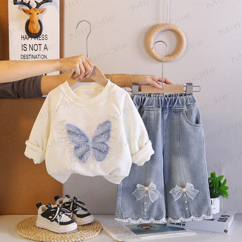 Baby Toddler Girl Butterfly Sweatshirt and Denim Pants 2-piece Set - White - 4-5T - image 3