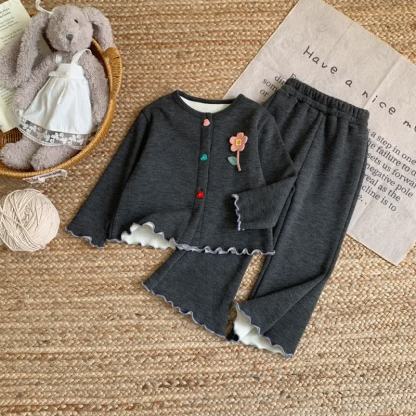 Toddler Girl Knit Fleece Floral Cardigan and Pants 2-piece Set - Gray - 10-11T - image 3