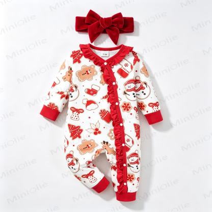 Baby Christmas Print Ruffle Front Romper with Headband - image 1