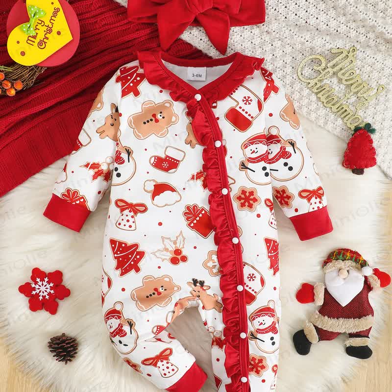 Baby Christmas Print Ruffle Front Romper with Headband - image 4