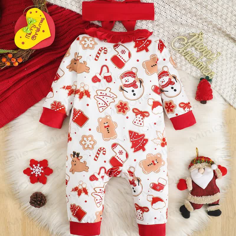 Baby Christmas Print Ruffle Front Romper with Headband - image 3