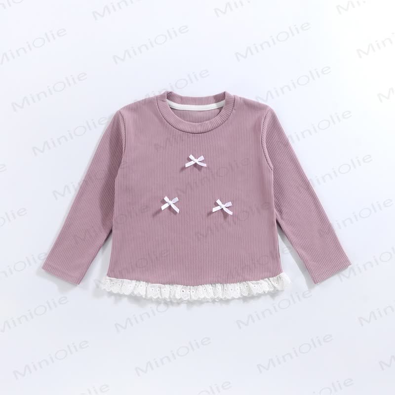 Toddler Girl Ribbed Bow Lace Long Sleeve T-Shirt - Purple - 10-11T - image 3