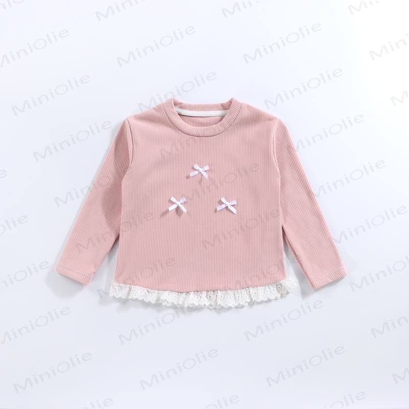 Toddler Girl Ribbed Bow Lace Long Sleeve T-Shirt - Pink - 10-11T - image 4