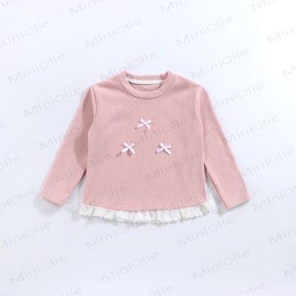 Toddler Girl Ribbed Bow Lace Long Sleeve T-Shirt - Pink - 10-11T - image 4
