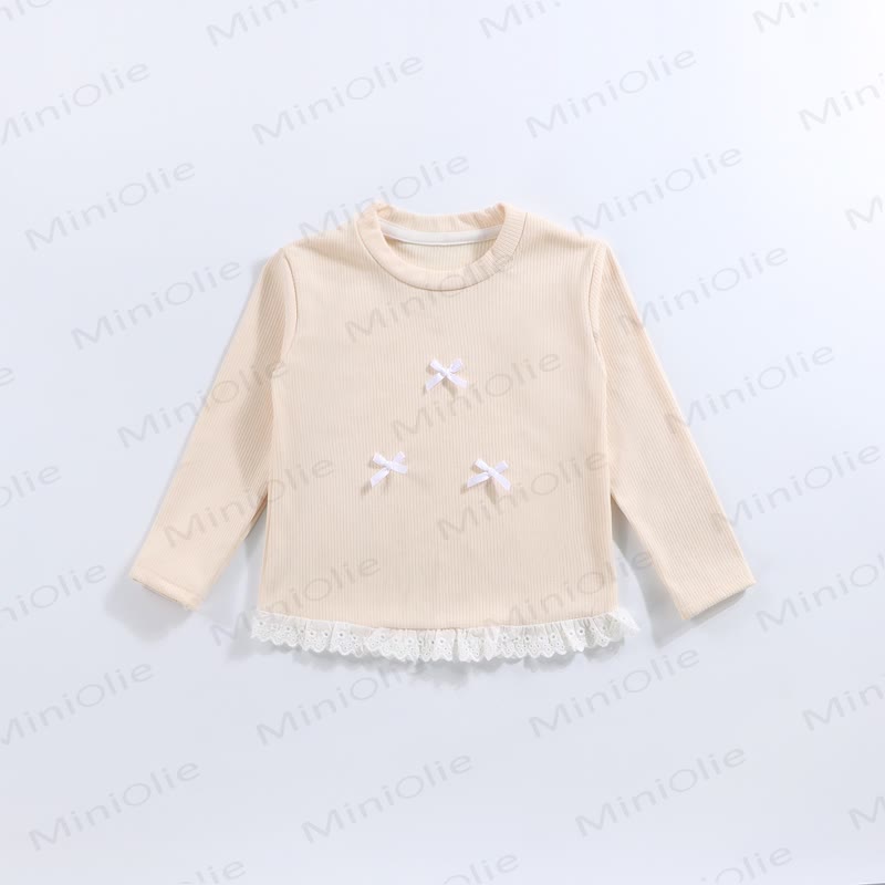 Toddler Girl Ribbed Bow Lace Long Sleeve T-Shirt - Beige - 10-11T - image 2