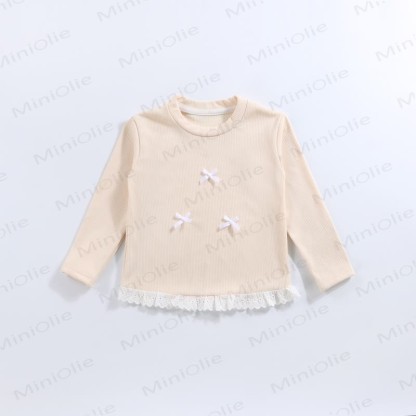 Toddler Girl Ribbed Bow Lace Long Sleeve T-Shirt - Beige - 10-11T - image 2