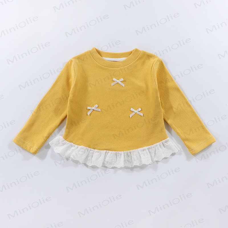 Toddler Girl Ribbed Bow Lace Long Sleeve T-Shirt - Yellow - 10-11T - image 5