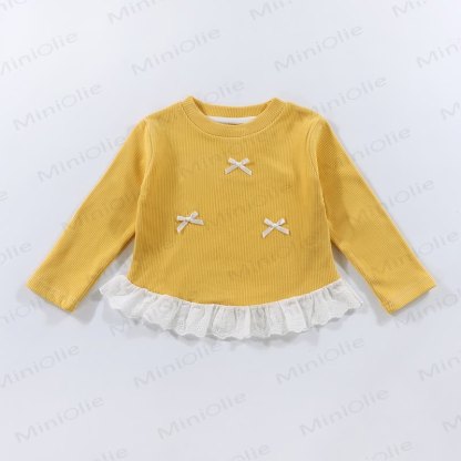 Toddler Girl Ribbed Bow Lace Long Sleeve T-Shirt - Yellow - 10-11T - image 5