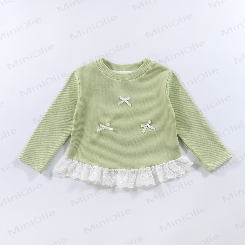 Toddler Girl Ribbed Bow Lace Long Sleeve T-Shirt - Light Green - 10-11T - image 6