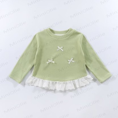 Toddler Girl Ribbed Bow Lace Long Sleeve T-Shirt - Light Green - 10-11T - image 6