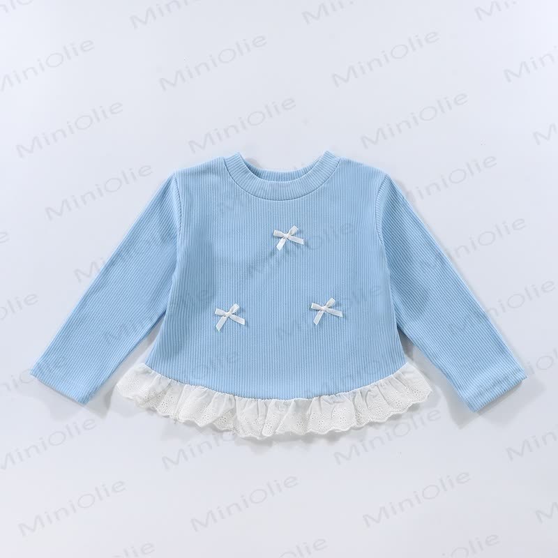 Toddler Girl Ribbed Bow Lace Long Sleeve T-Shirt - Blue - 10-11T - image 7