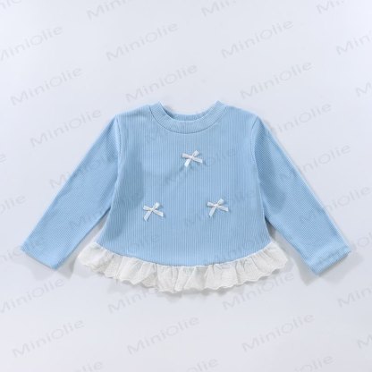 Toddler Girl Ribbed Bow Lace Long Sleeve T-Shirt - Blue - 10-11T - image 7