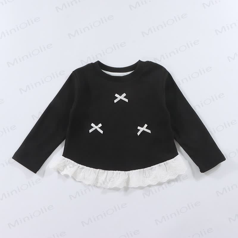 Toddler Girl Ribbed Bow Lace Long Sleeve T-Shirt - Black - 10-11T - image 8