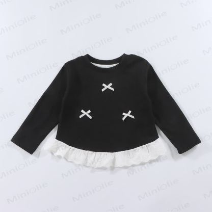 Toddler Girl Ribbed Bow Lace Long Sleeve T-Shirt - Black - 10-11T - image 8