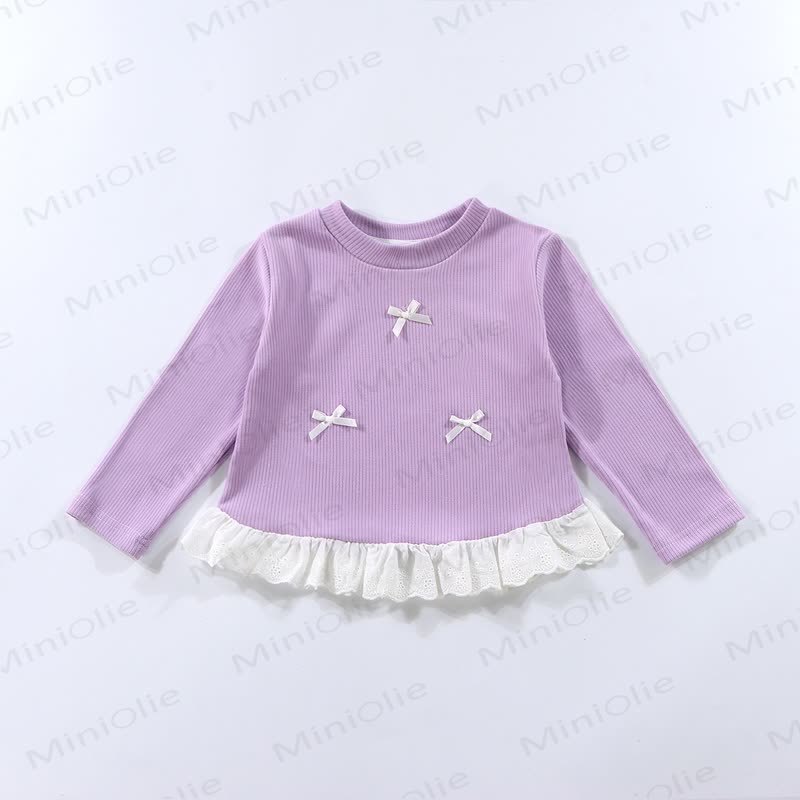 Toddler Girl Ribbed Bow Lace Long Sleeve T-Shirt - Light Purple - 10-11T - image 9